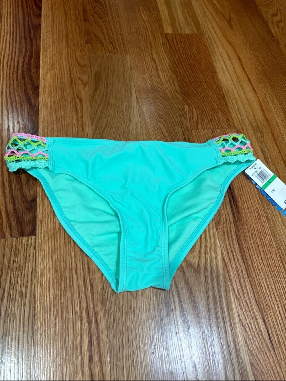 In Mocean Mint Green Bikini Bottom with Multicolor Crochet cut out Sides size L